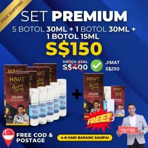 SET PREMIUM – 5 BOTOL 30ML + 1 BOTOL 30ML + 1 BOTOL 15ML  – PERCUMA PENGHANTARAN